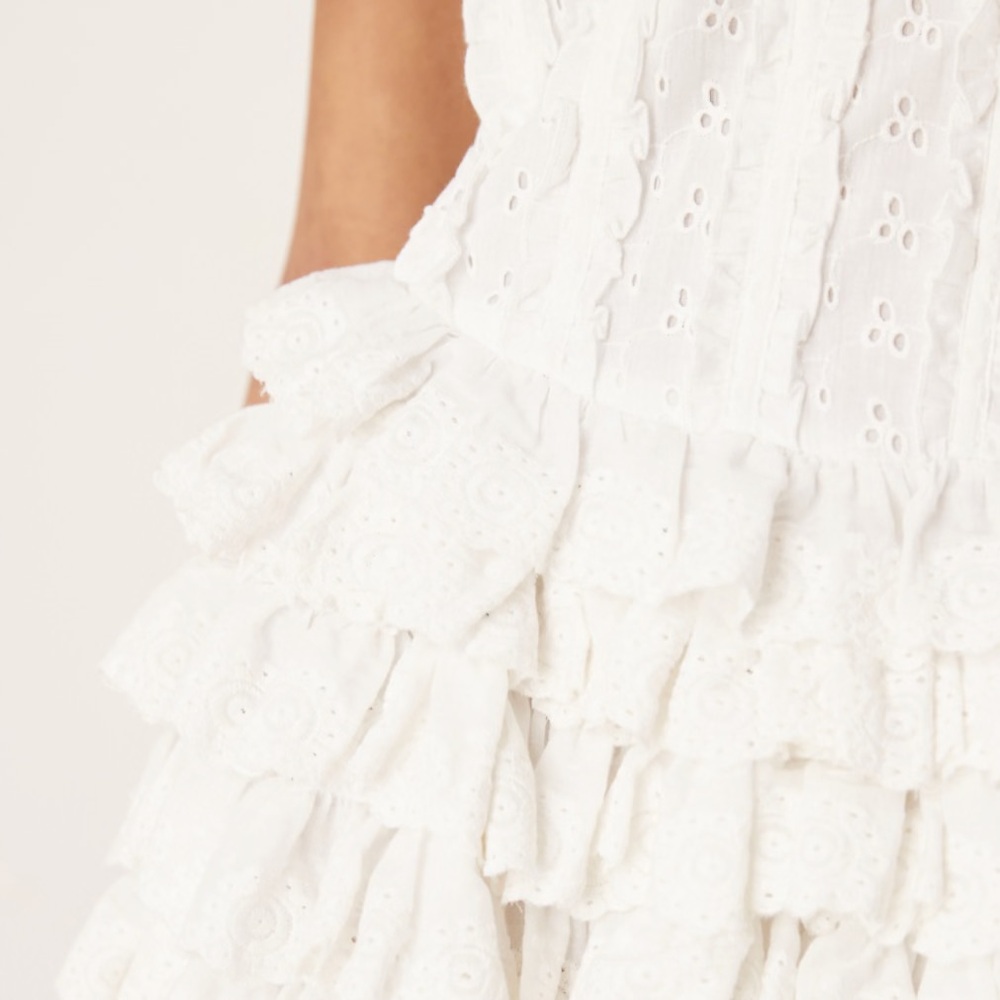 Amy Jane London White Tiered Ruffled Mini Dress Crochet Lace Up Back Large - Picture 10 of 15